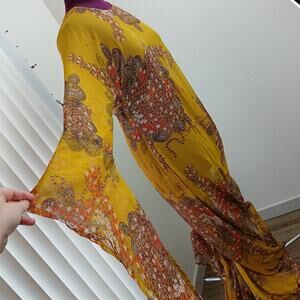 Sheer Yellow Kaftan Maxi Dress XL handmade chiffon bell sleeves paisley floral